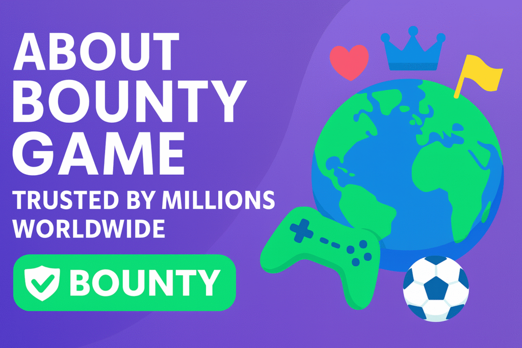 Bounty Game About Us banner with globe and gaming icons