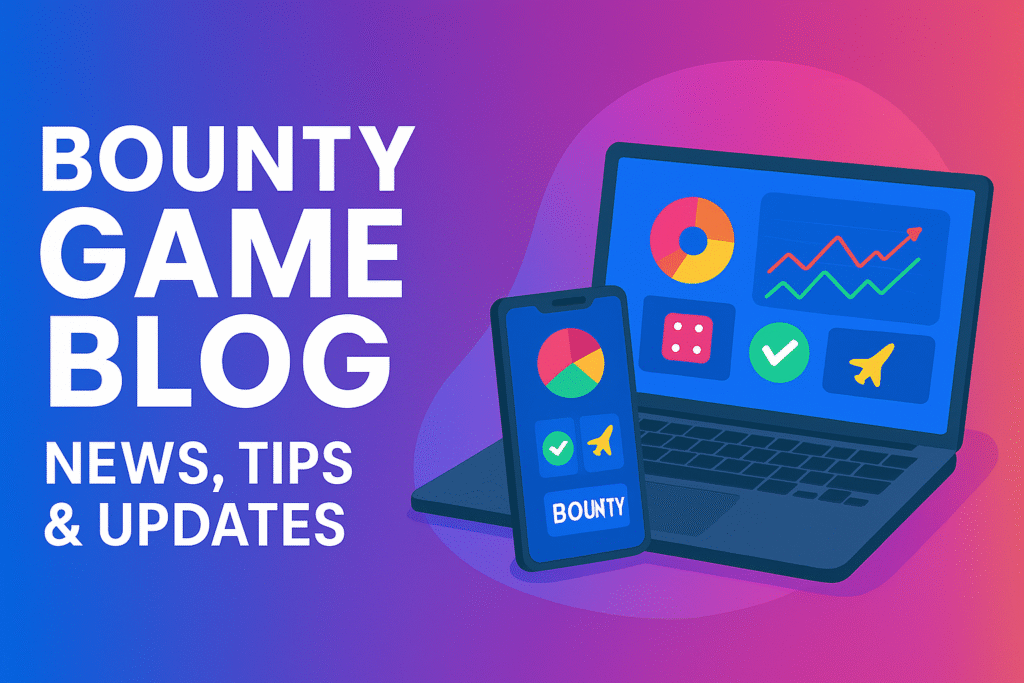 Bounty Game Blog banner with laptop, mobile and gaming icons